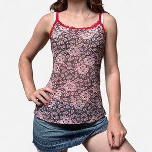 Josie Natori mesh pink floral cami with red lace trim